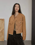 Retro Suede Sheep Leather Short Jacket with Structured Shoulders and Round Neck, Genuine Leather Outerwear "Sunset Escape"