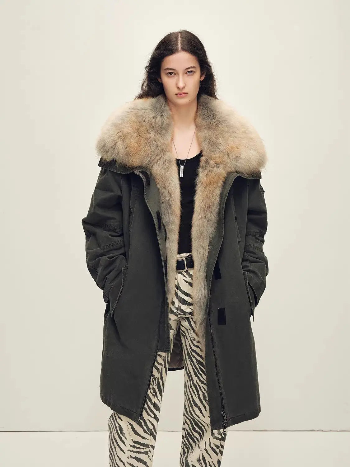 Firelady Fur Swan Feather Collection graphite gray raccoon fur down parka front view