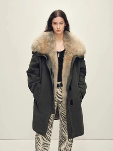 Firelady Fur Swan Feather Collection graphite gray raccoon fur down parka front view