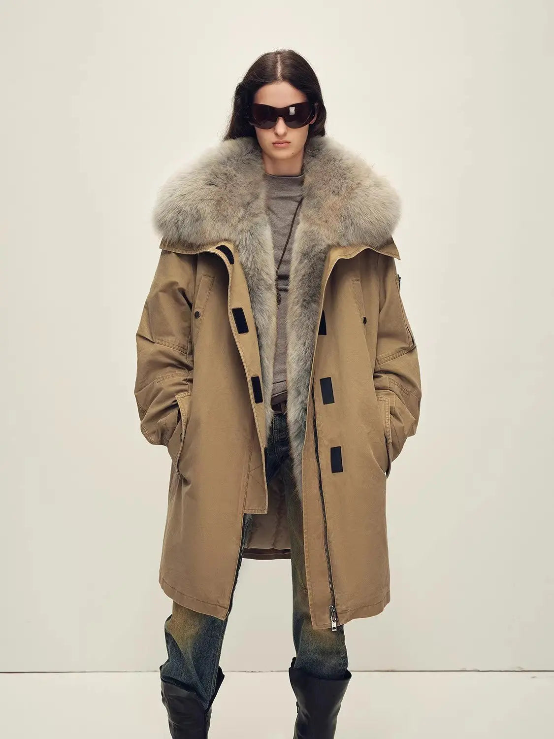 Firelady Fur Swan Feather Collection khaki oversized raccoon fur parka front view