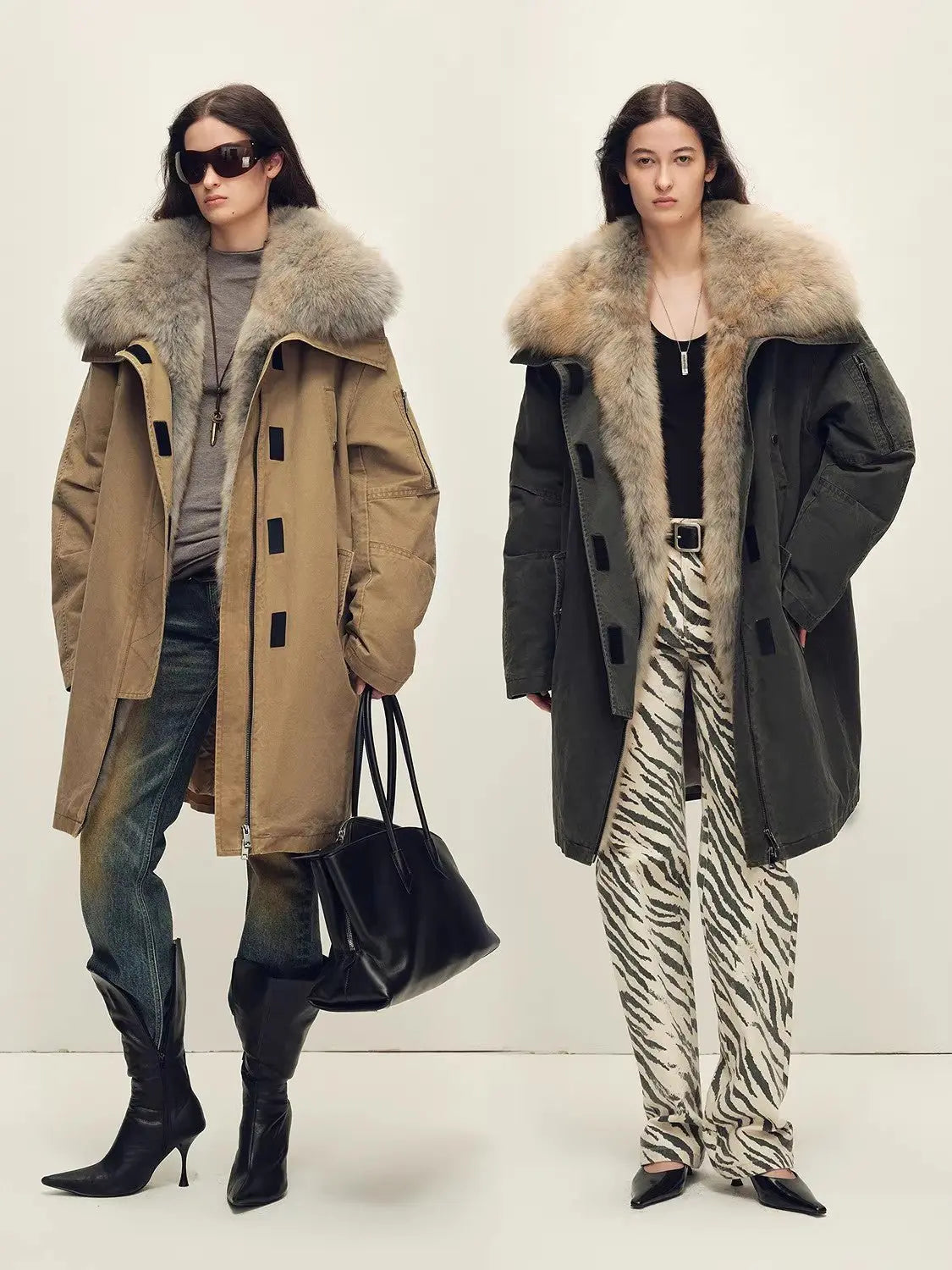 Firelady Fur Swan Feather Collection khaki and graphite gray parka styling comparison