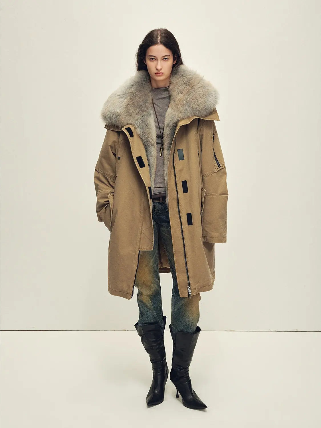 Firelady Fur Swan Feather Collection khaki raccoon fur down parka full-length view