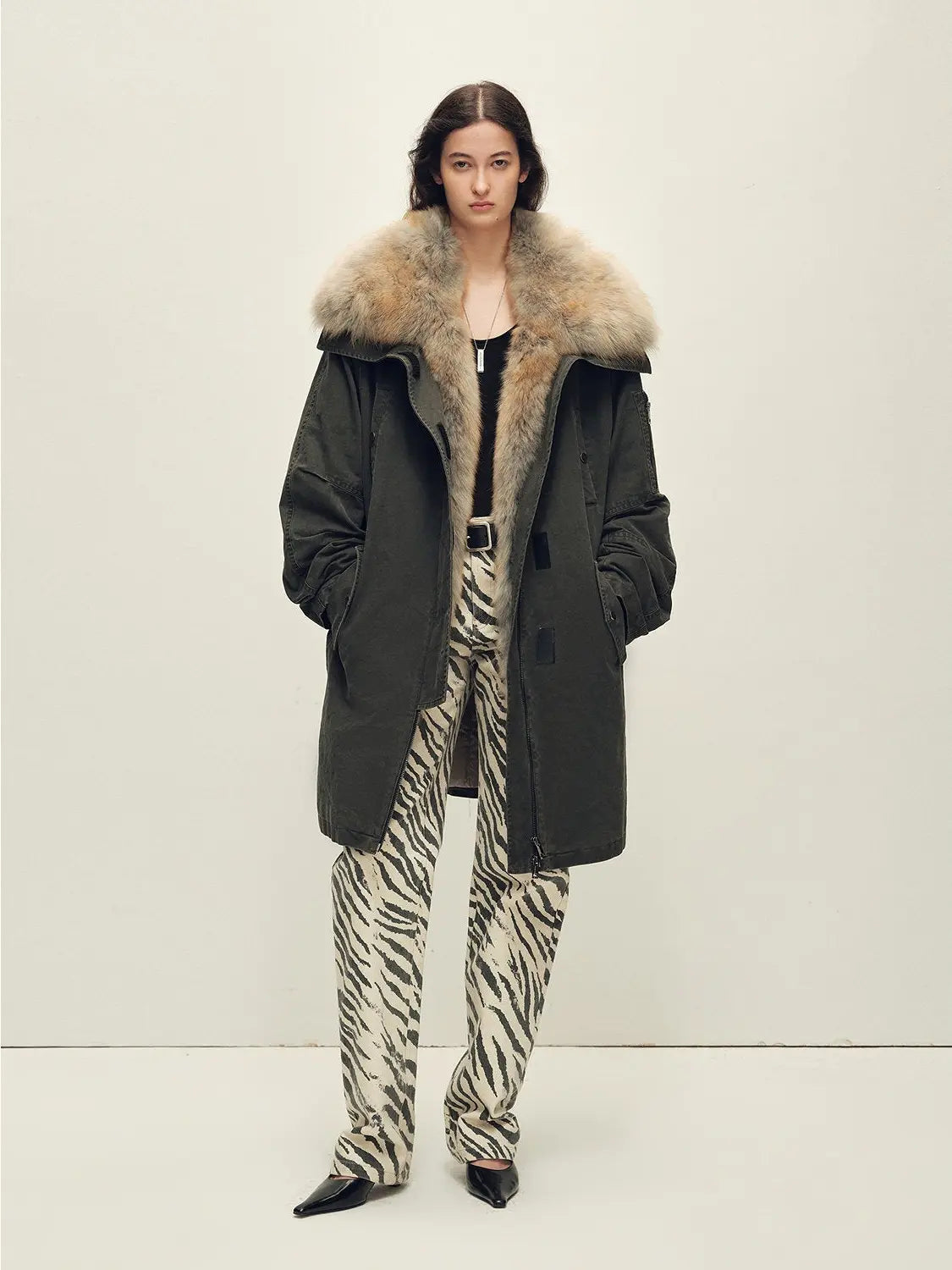 Firelady Fur Swan Feather Collection graphite gray raccoon fur parka full-length view