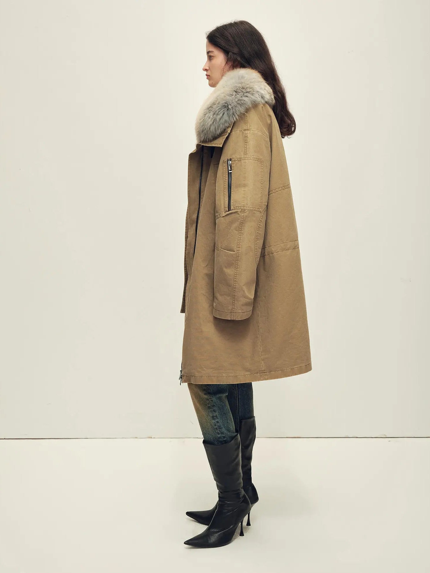 Firelady Fur Swan Feather Collection khaki raccoon fur down parka side view
