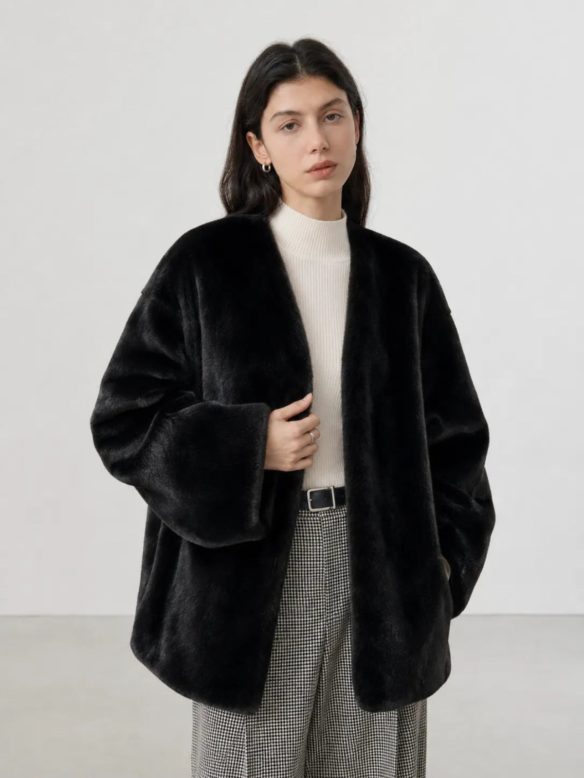 Swiss Snow Blackglama mink velvet fur coat on model, front view