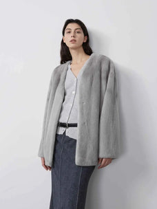 Swiss Snow Sapphire mink coat on model, front view