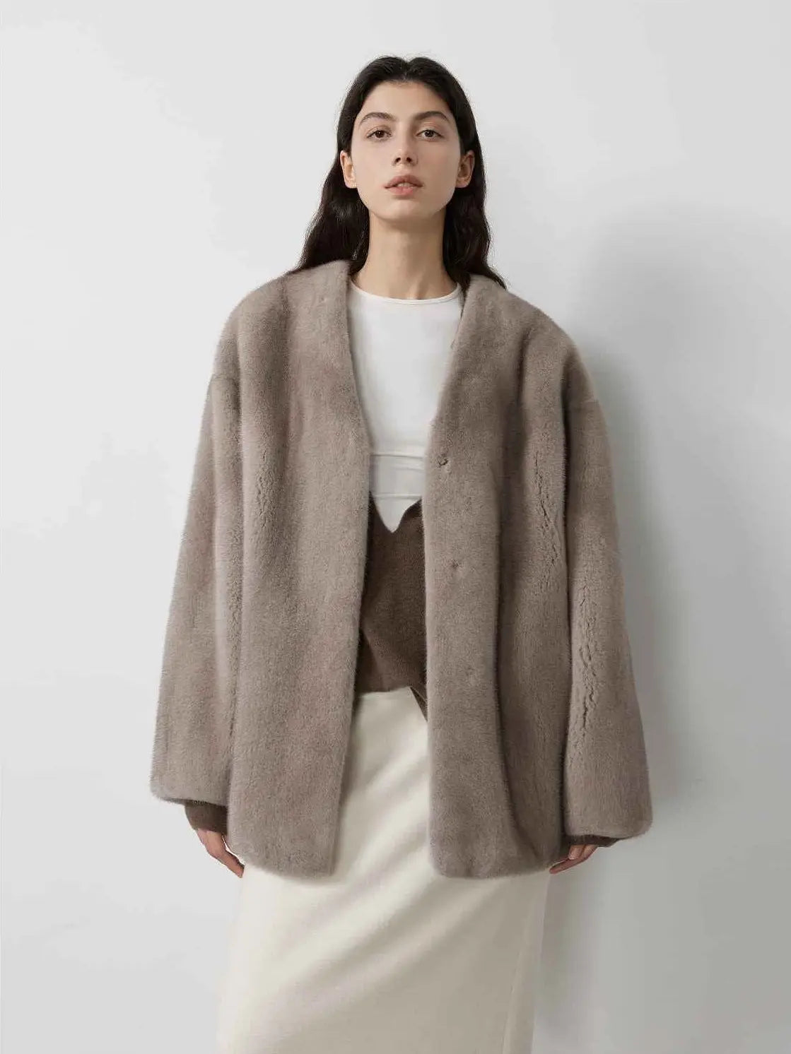 Swiss Snow Silverblue mink coat on model, front view