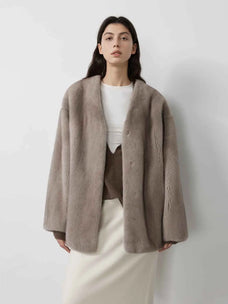 Swiss Snow Silverblue mink coat on model, front view