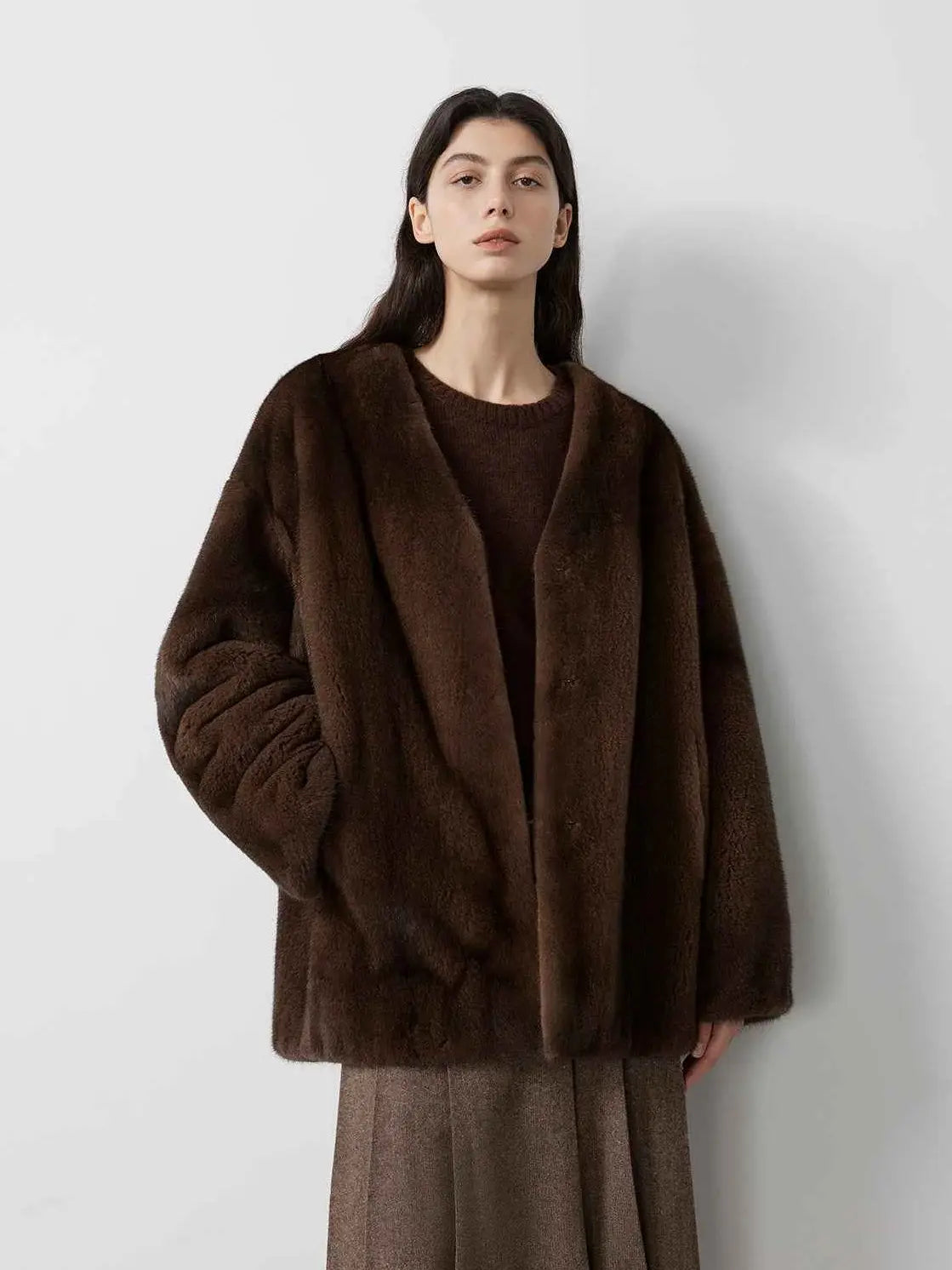 Swiss Snow Brown Sable mink coat on model, front view