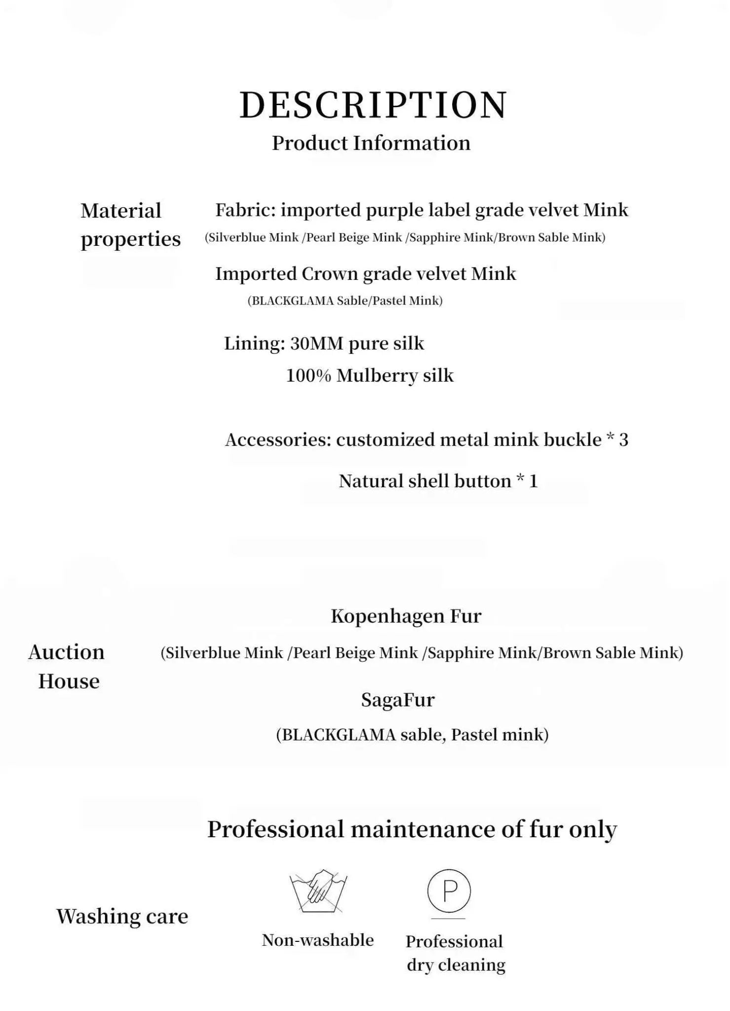Swiss Snow mink coat materials, lining and fur care information