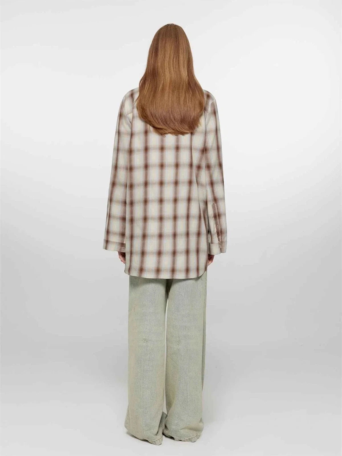 Tea Grid blue plaid cotton shirt on model back view