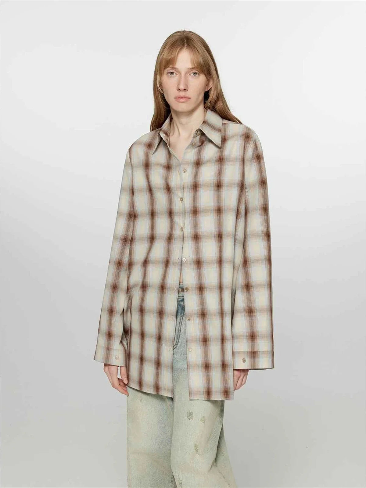 Tea Grid blue plaid cotton shirt on model front view