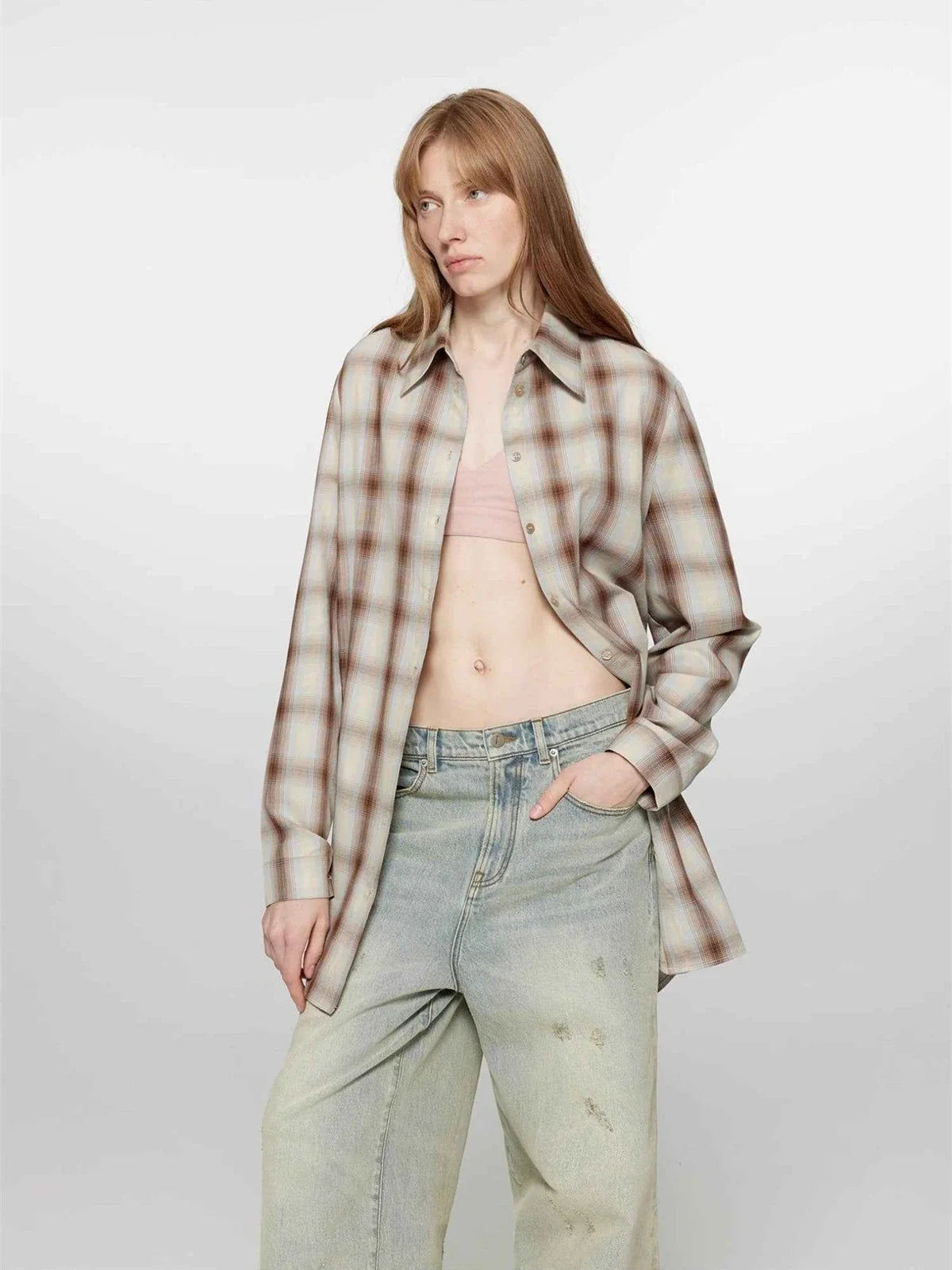 Tea Grid blue plaid cotton shirt open styling detail