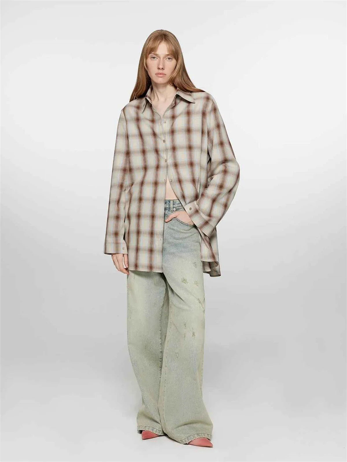Tea Grid blue plaid cotton shirt relaxed outfit styling
