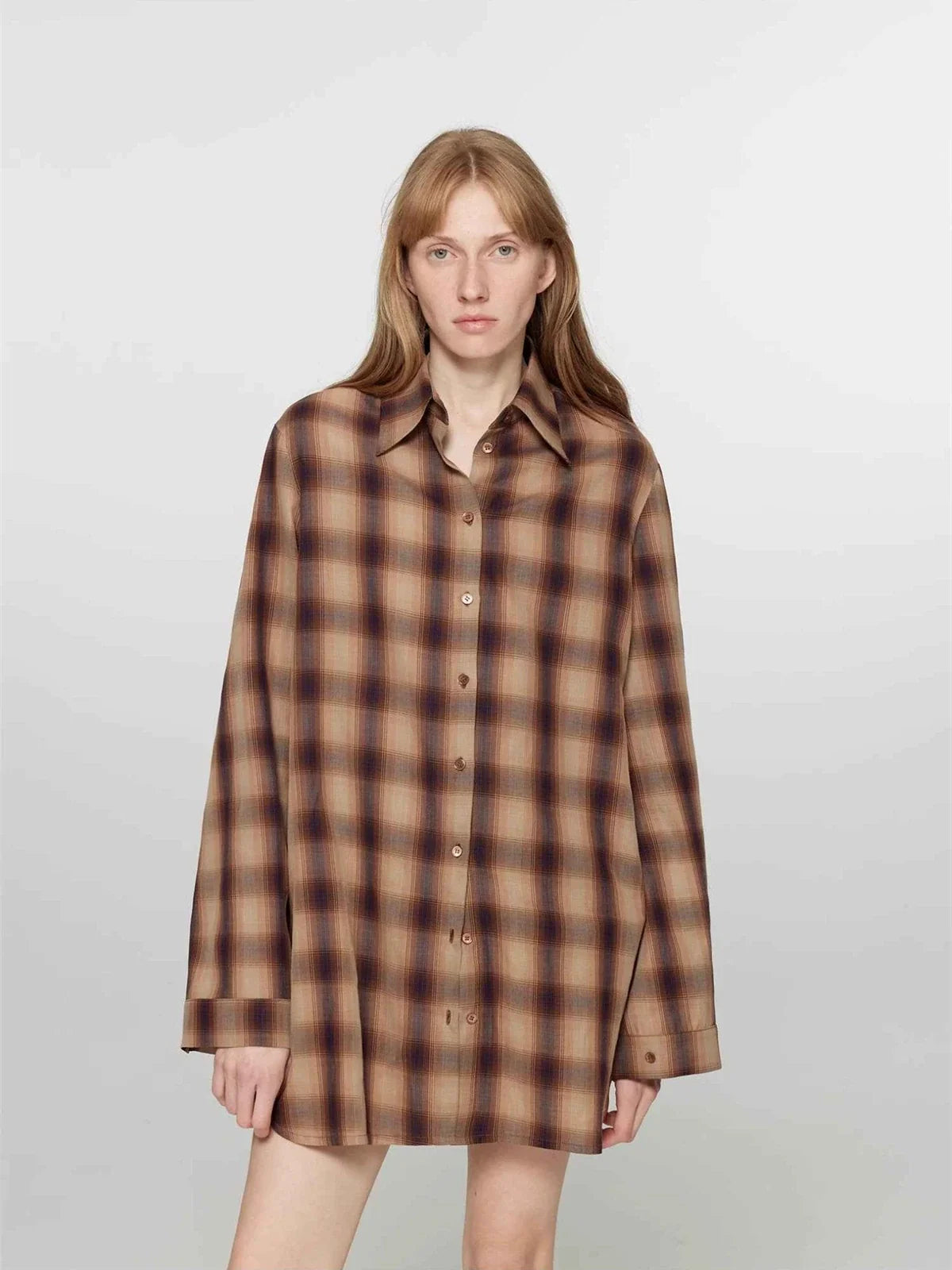 Tea Grid brown plaid cotton shirt on model close front view