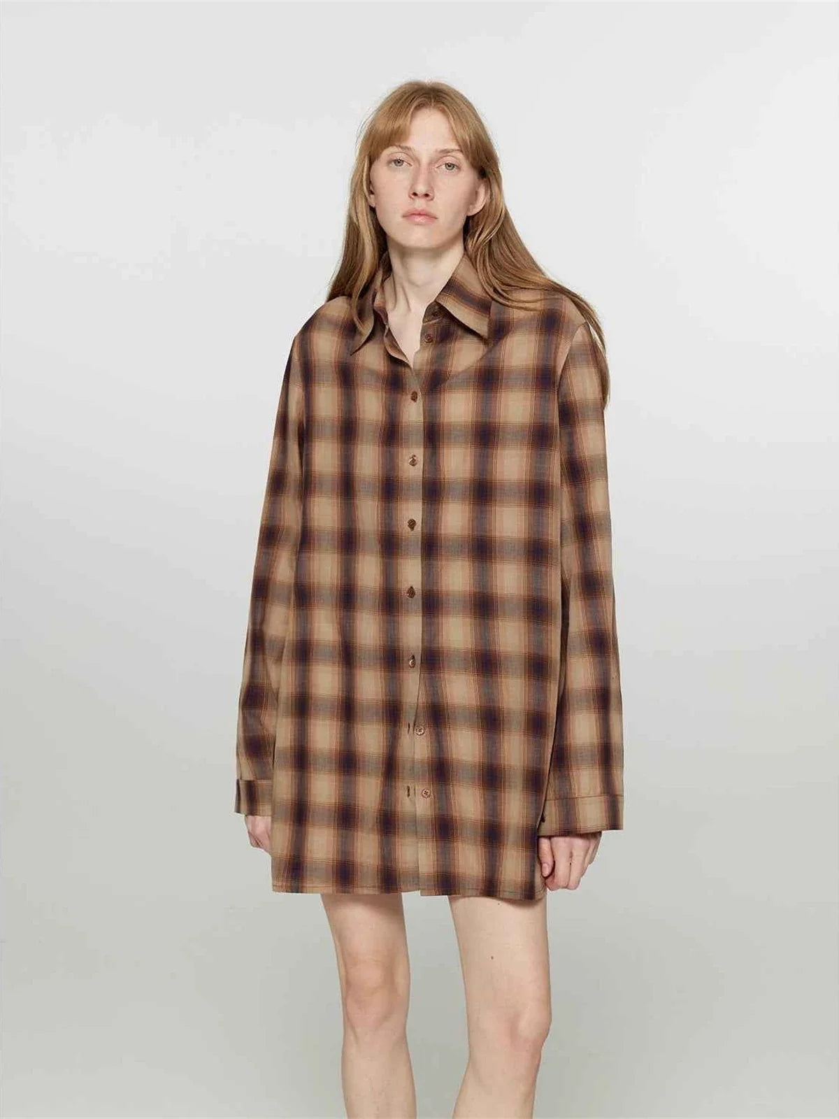 Tea Grid brown plaid cotton shirt on model front view