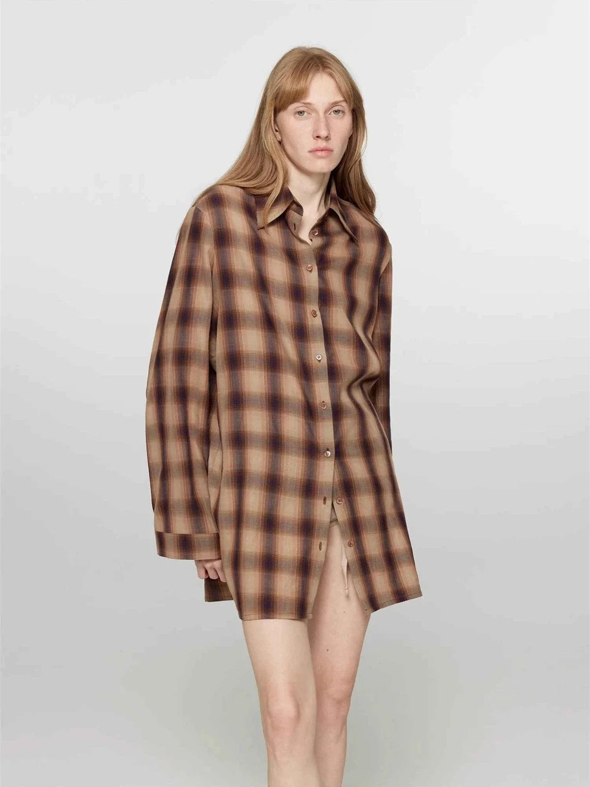 Tea Grid brown plaid cotton shirt on model side view