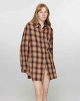 Tea Grid brown plaid cotton shirt on model side view