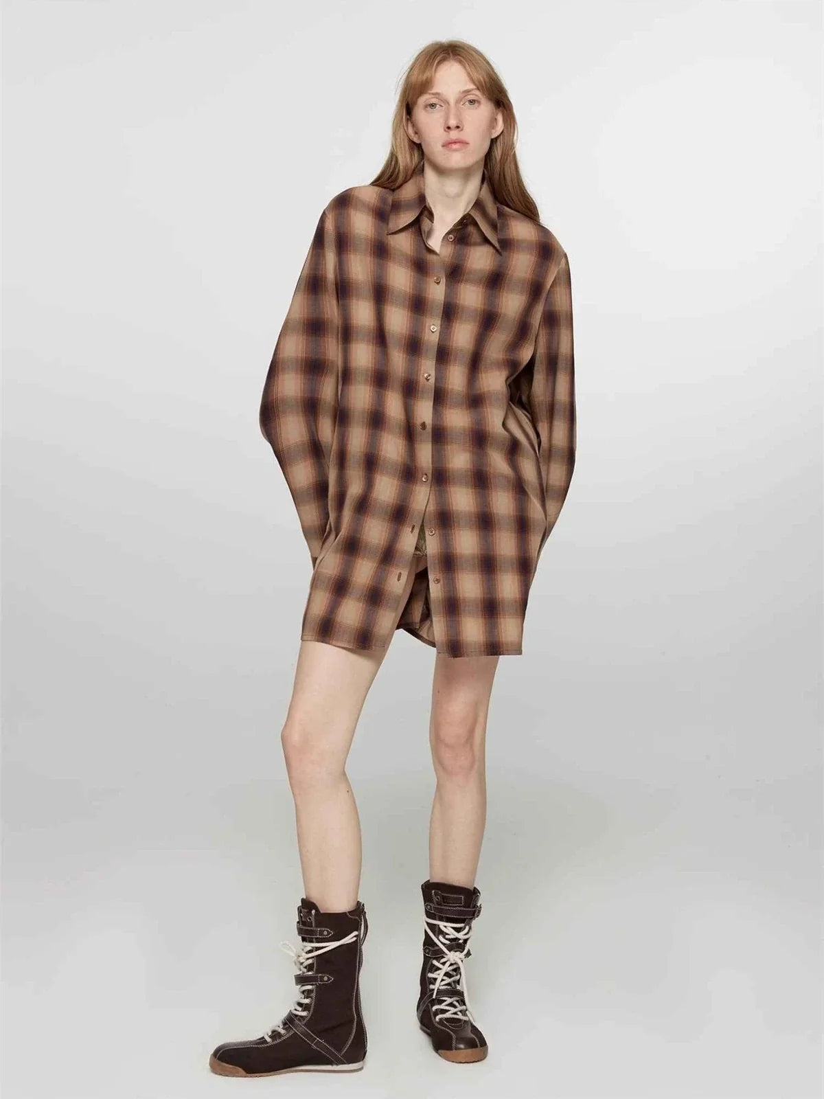 Tea Grid brown plaid cotton shirt full outfit styling