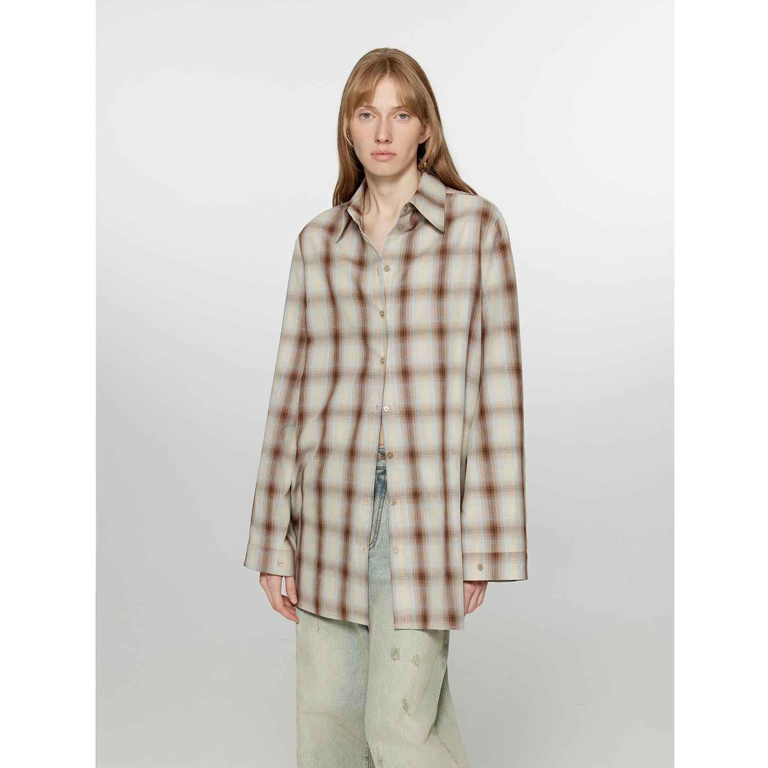 "Tea Grid" high - quality high - count cotton loose retro plaid shirt - variant_title