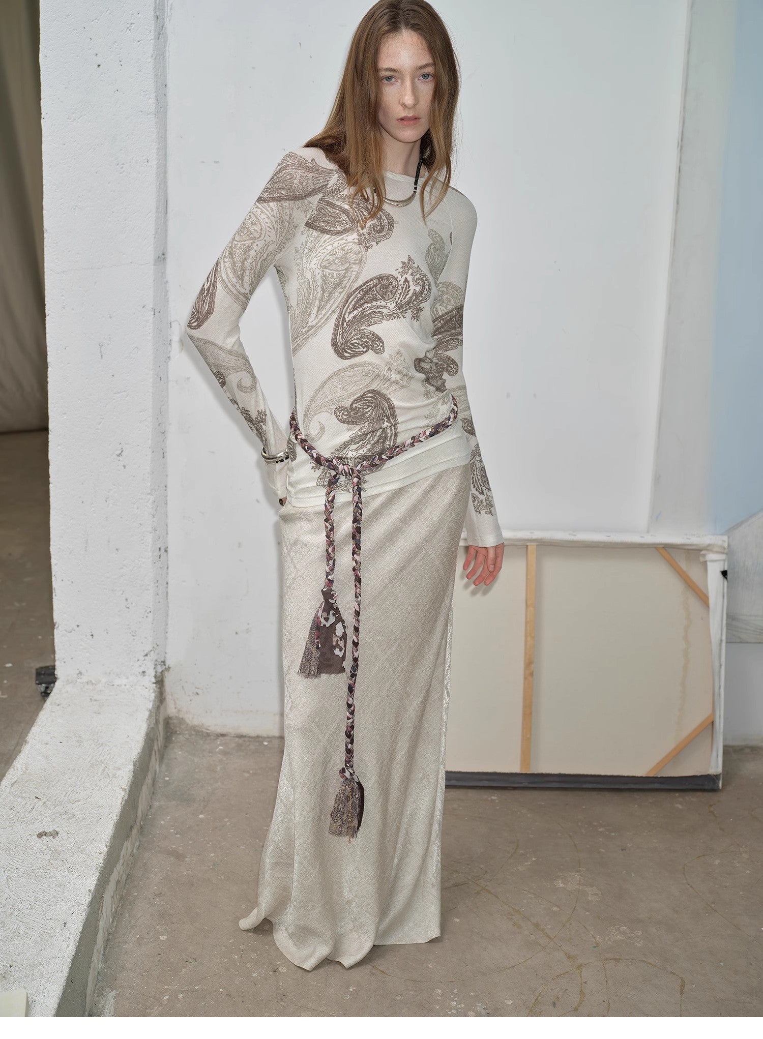 Tencel wool original cashew print round neck slim long sleeve and skirt"Vintage Gene" - variant_title