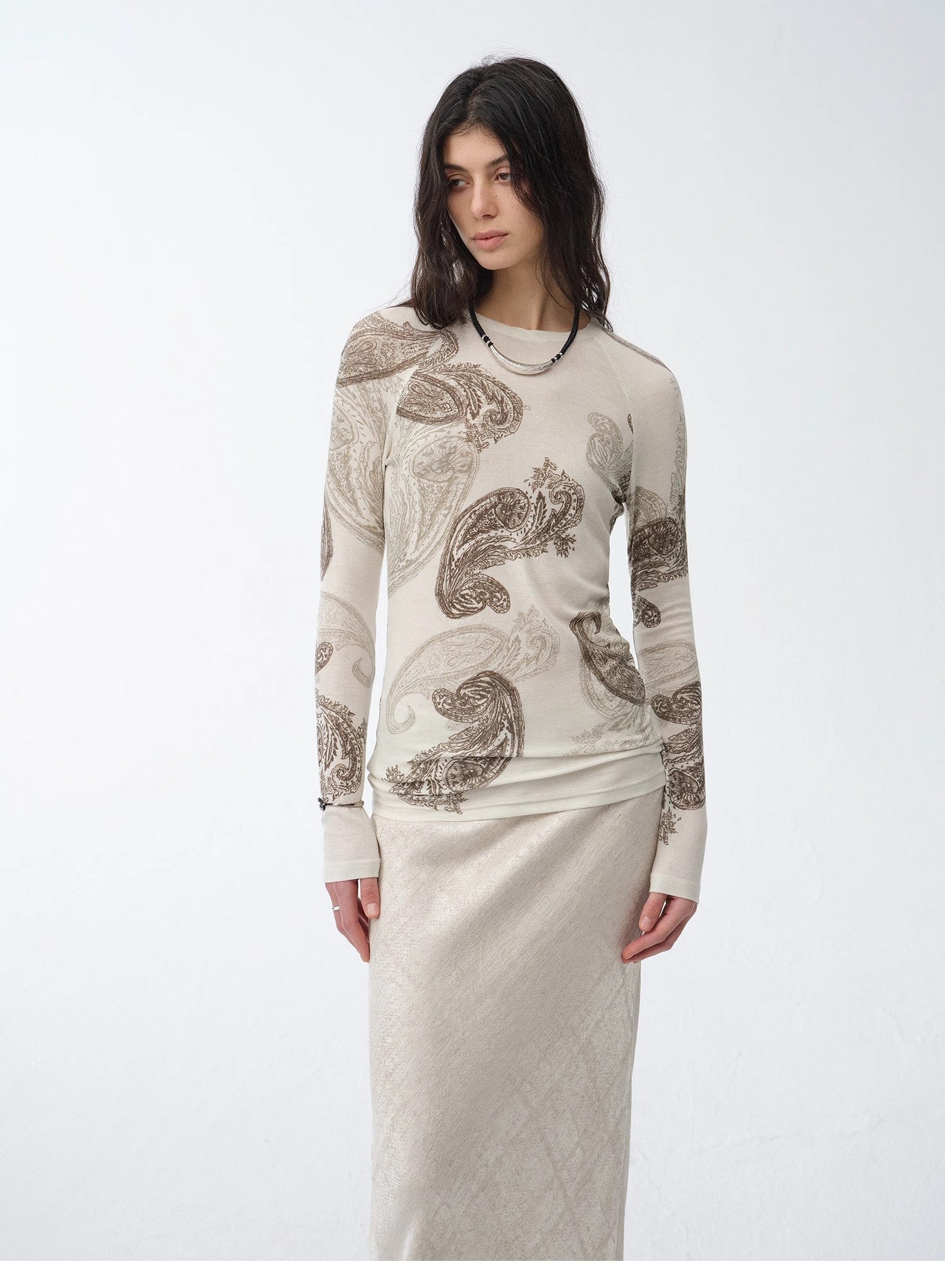 Tencel wool original cashew print round neck slim long sleeve and skirt"Vintage Gene" - variant_title