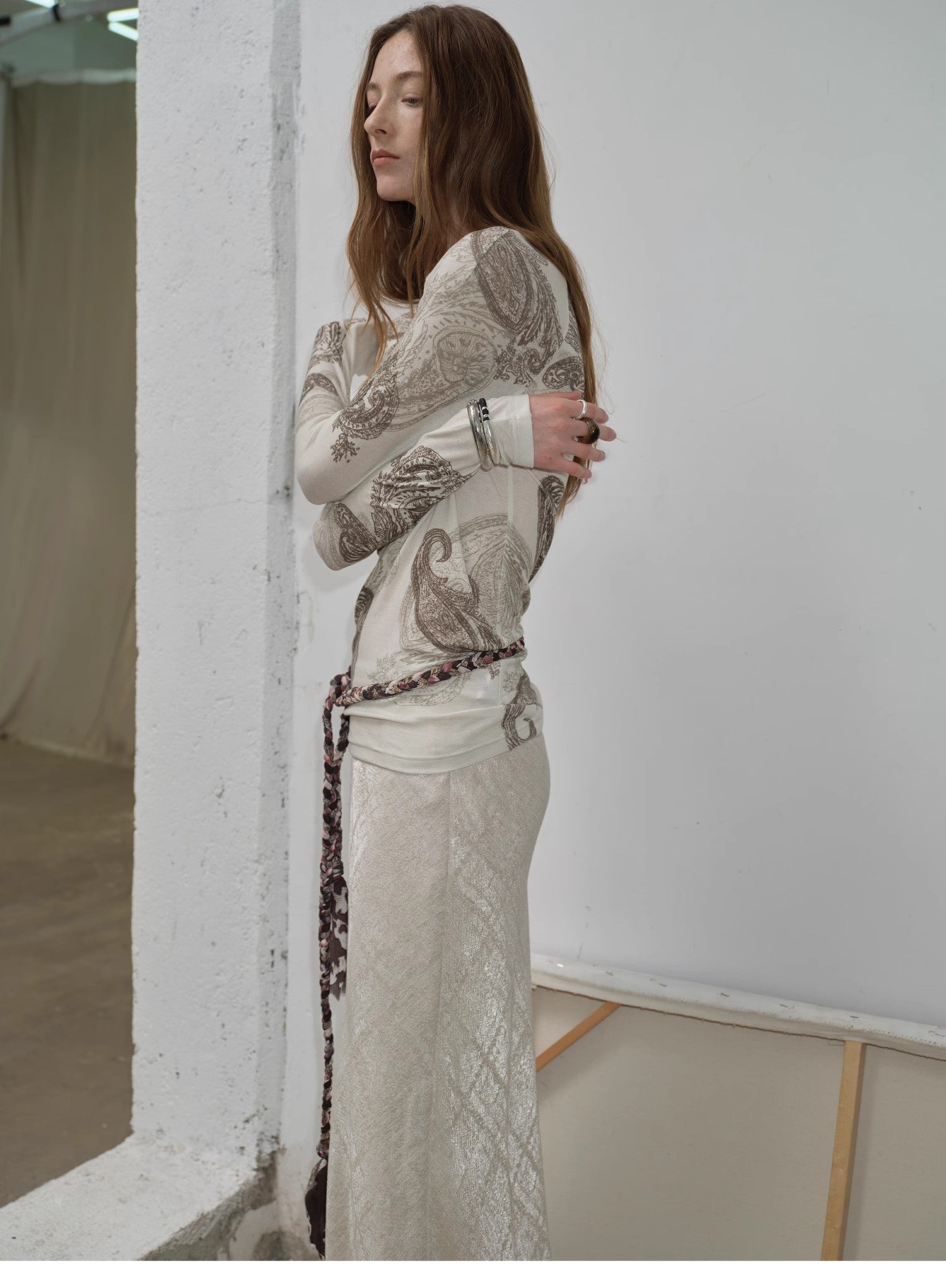 Tencel wool original cashew print round neck slim long sleeve and skirt"Vintage Gene" - variant_title