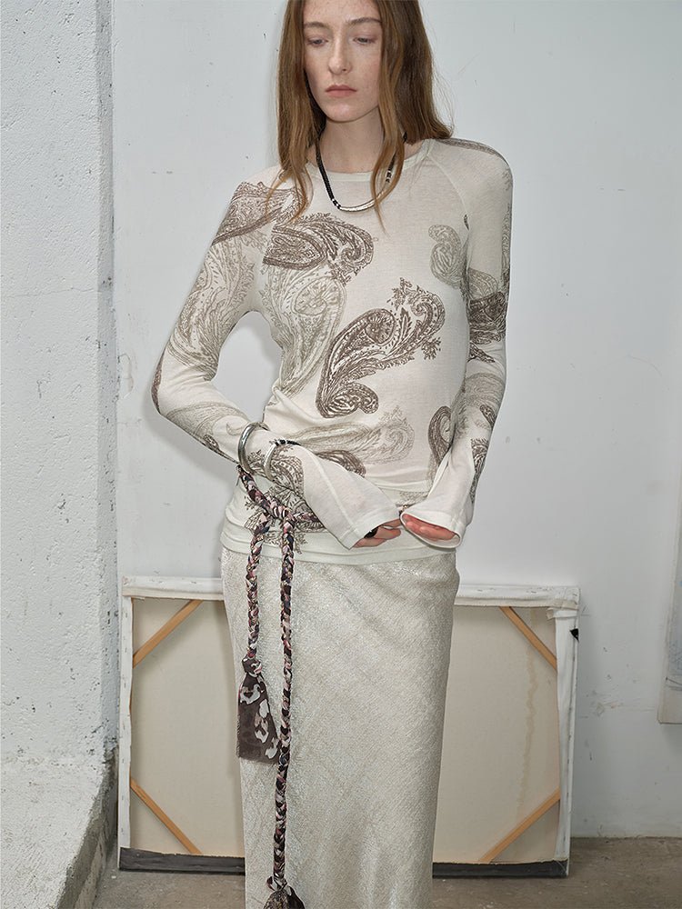 Tencel wool original cashew print round neck slim long sleeve and skirt"Vintage Gene" - variant_title