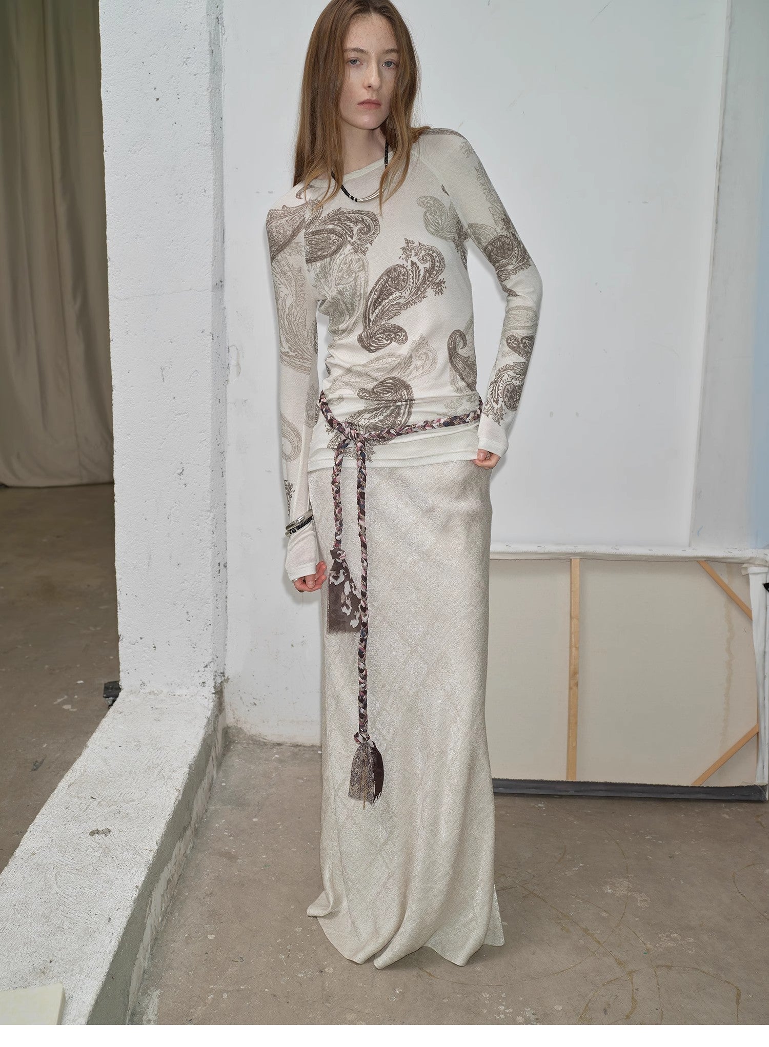 Tencel wool original cashew print round neck slim long sleeve and skirt"Vintage Gene" - variant_title