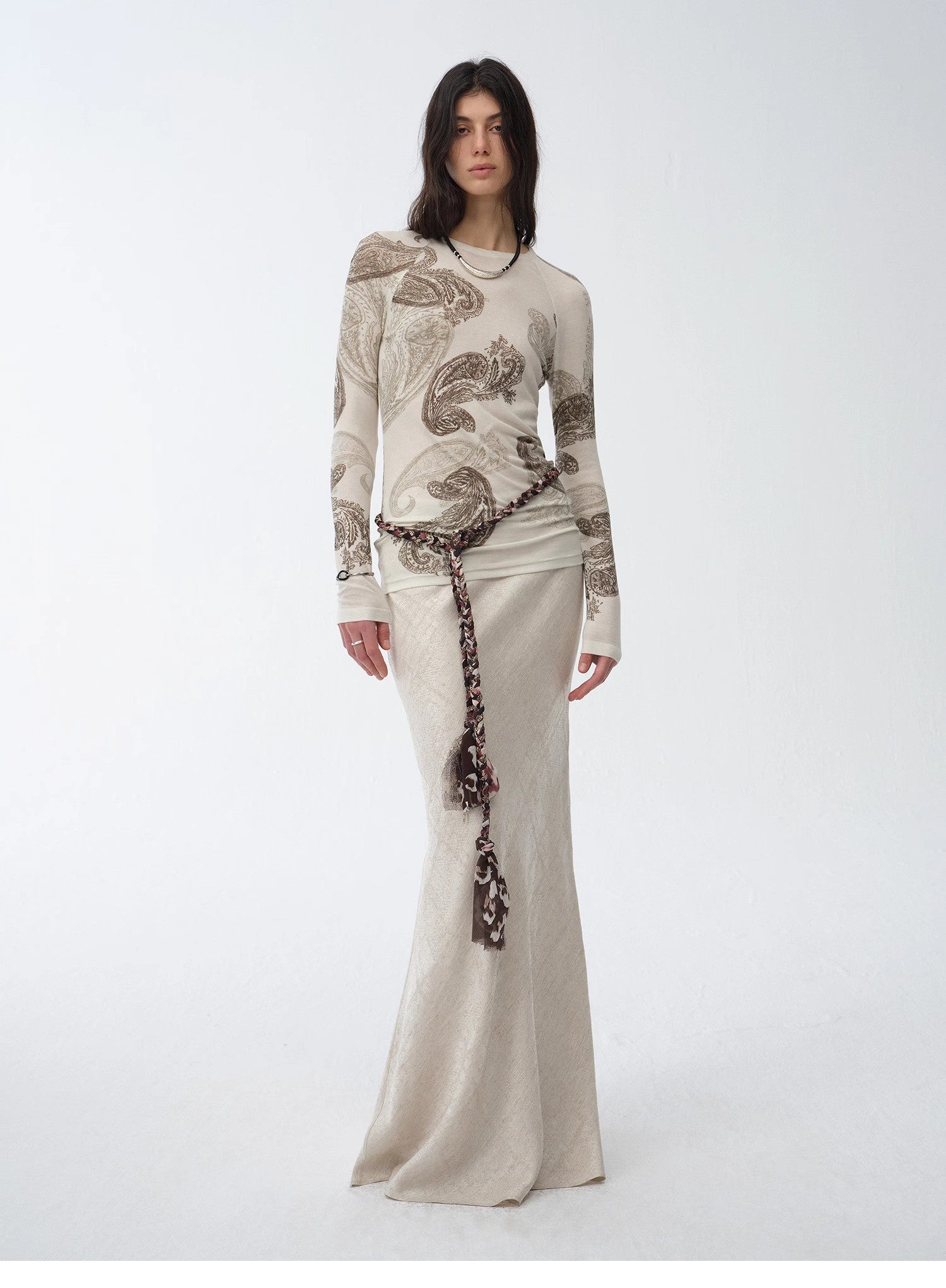 Tencel wool original cashew print round neck slim long sleeve and skirt"Vintage Gene" - variant_title