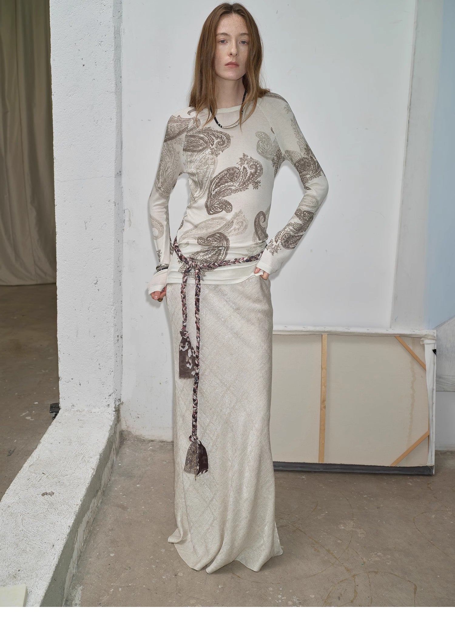 Tencel wool original cashew print round neck slim long sleeve and skirt"Vintage Gene" - variant_title
