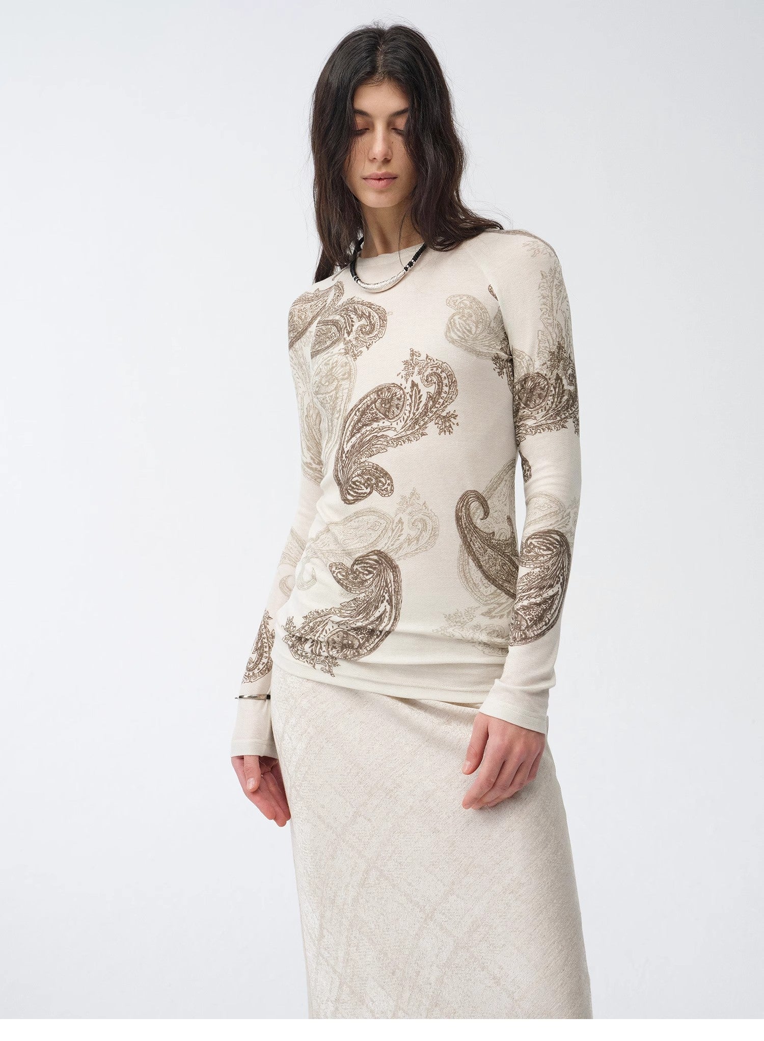Tencel wool original cashew print round neck slim long sleeve and skirt"Vintage Gene" - variant_title