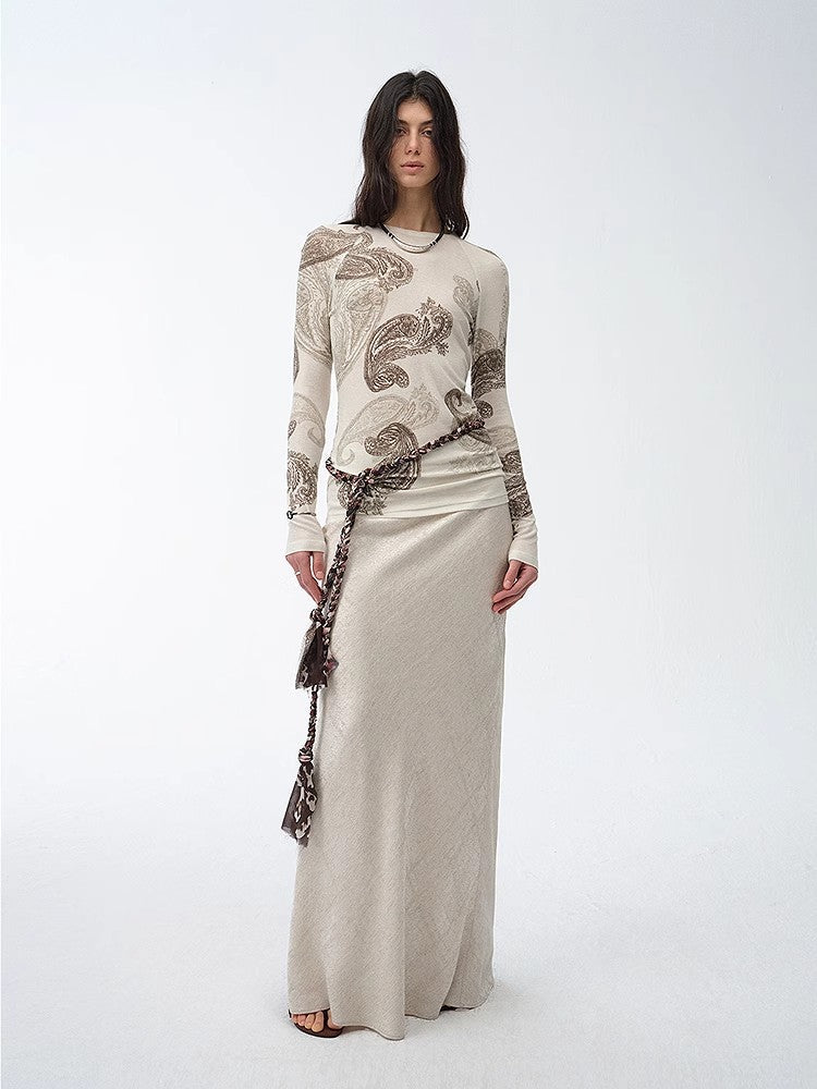 Tencel wool original cashew print round neck slim long sleeve and skirt"Vintage Gene" - variant_title