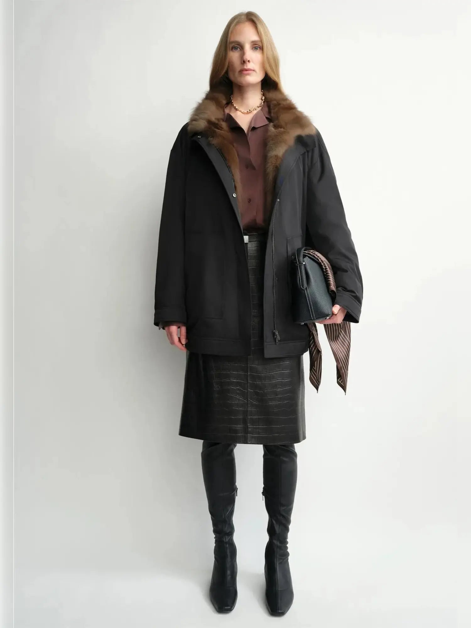 THE ARTM women's Black detachable fur collar nylon down parka full-body front view on model