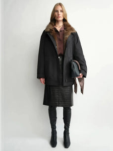 THE ARTM women's Black detachable fur collar nylon down parka full-body front view on model