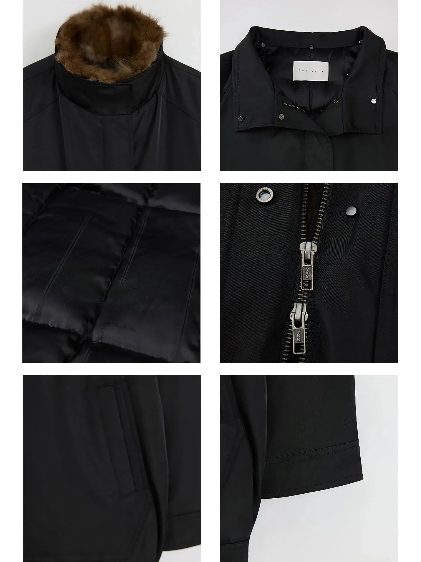 THE ARTM Black nylon down parka details including fur collar lining zipper pockets and cuffs