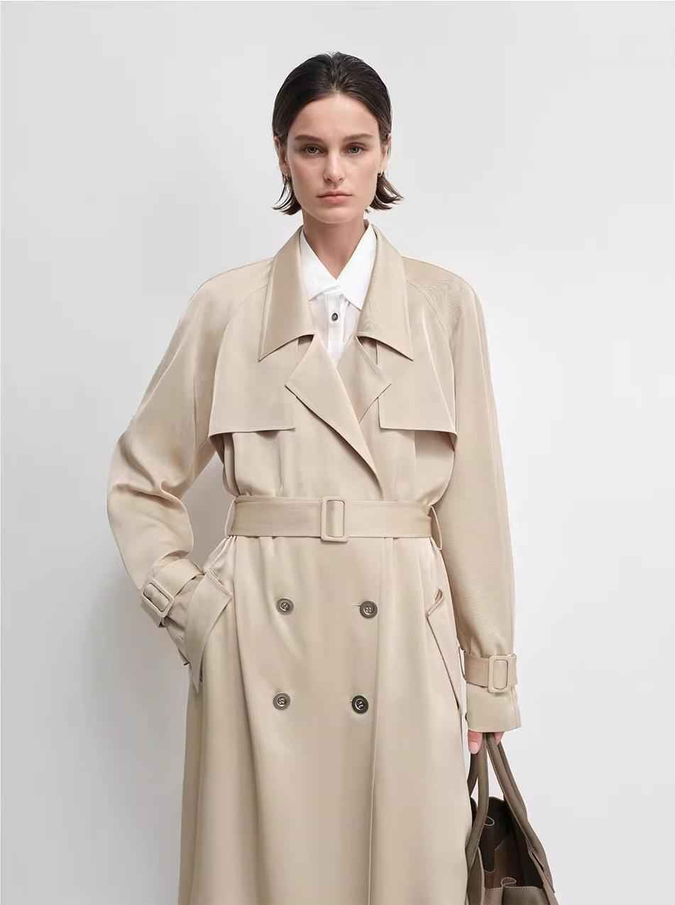 THE ARTM Women's Double - Breasted Trench Coat - Silky Acetate Long Coat with Saddle Shoulders - variant_title