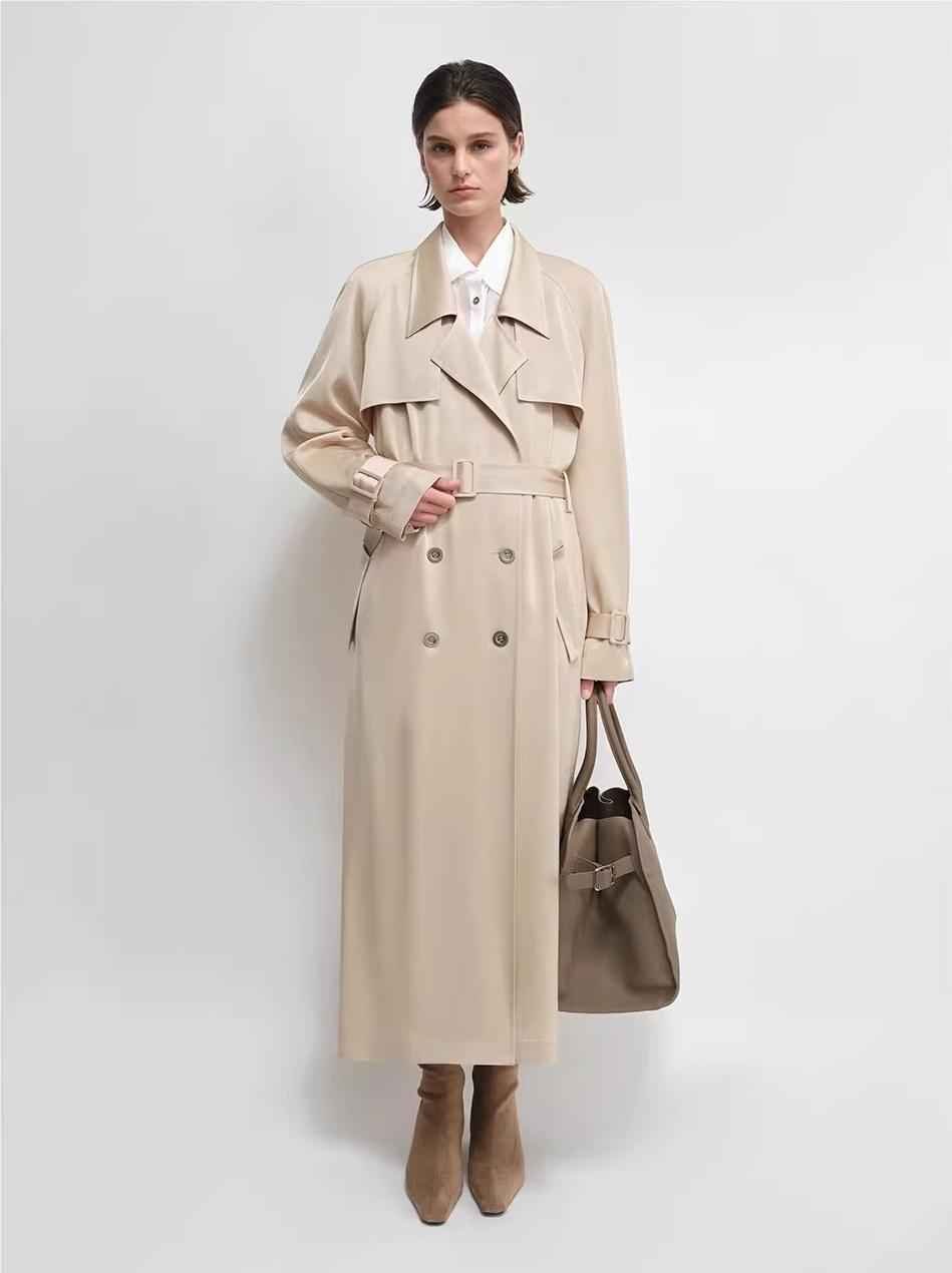 THE ARTM Women's Double - Breasted Trench Coat - Silky Acetate Long Coat with Saddle Shoulders - variant_title