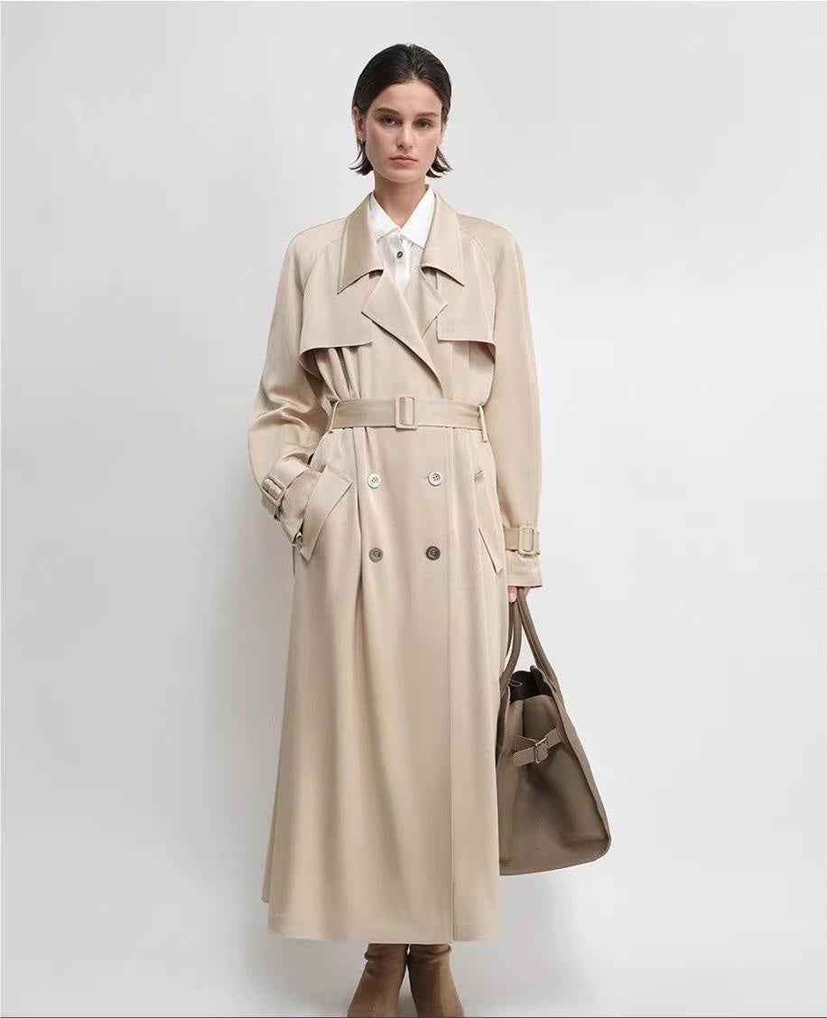 THE ARTM Women's Double - Breasted Trench Coat - Silky Acetate Long Coat with Saddle Shoulders - variant_title
