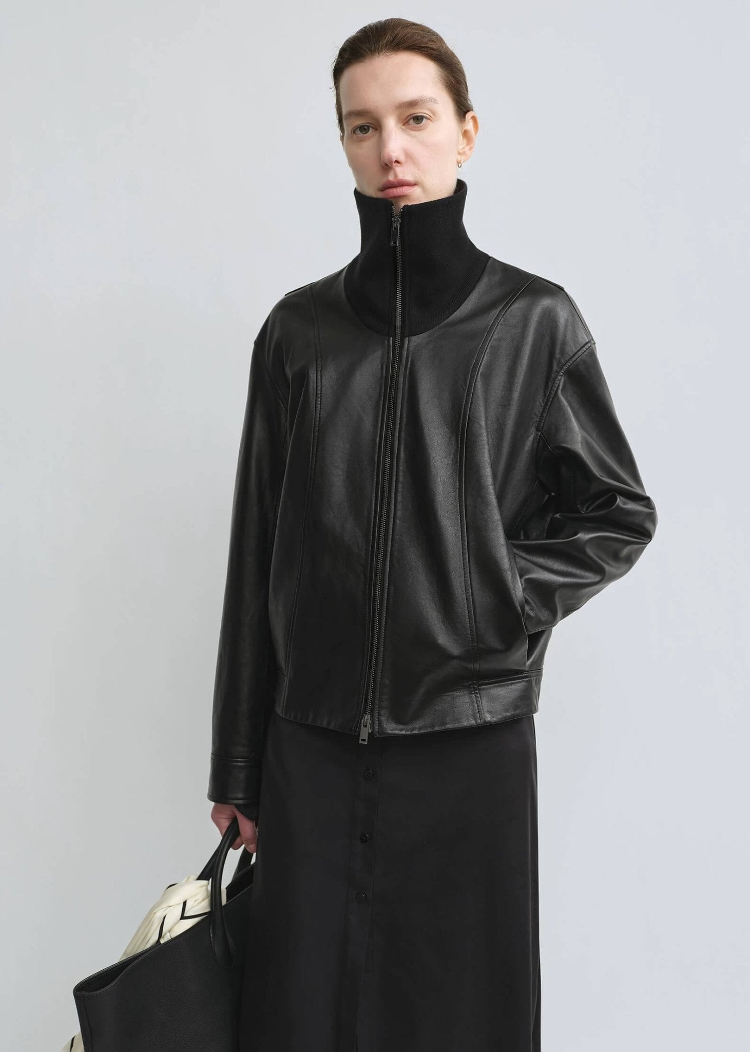 THE ARTM Women’s Funnel Neck Leather Jacket – Modern Minimal, Relaxed FitFirelady Fur