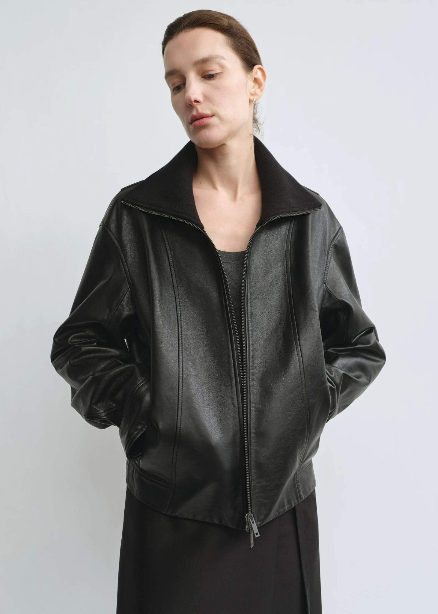 THE ARTM Women’s Funnel Neck Leather Jacket – Modern Minimal, Relaxed FitFirelady Fur