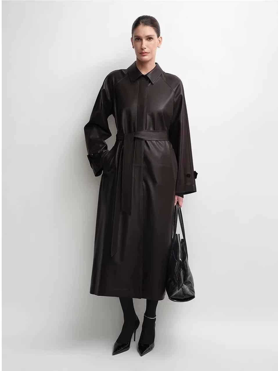 THE ARTM Women's Lambskin Leather Trench Coat - Long A - Line Raglan Sleeve Jacket - variant_title