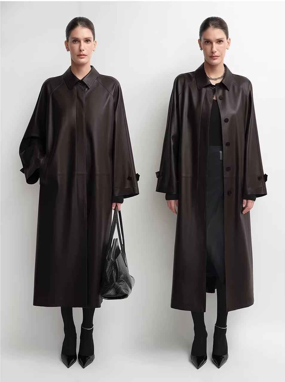 THE ARTM Women's Lambskin Leather Trench Coat - Long A - Line Raglan Sleeve Jacket - variant_title