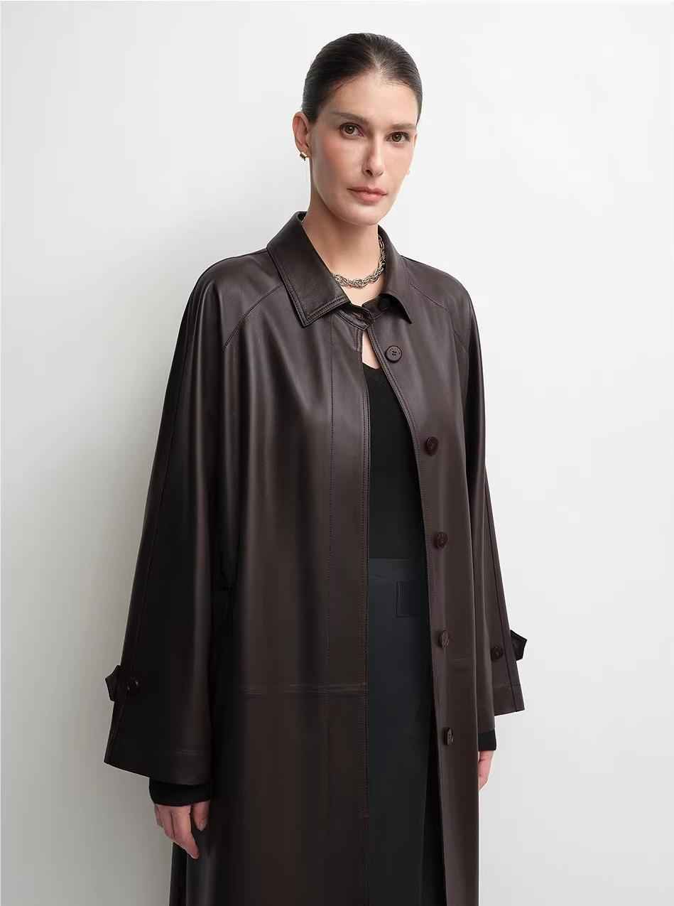 THE ARTM Women's Lambskin Leather Trench Coat - Long A - Line Raglan Sleeve Jacket - variant_title