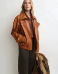 THE ARTM Women’s Sheepskin Leather Jacket, Lightweight, Vintage Double Lapel StyleFirelady Fur