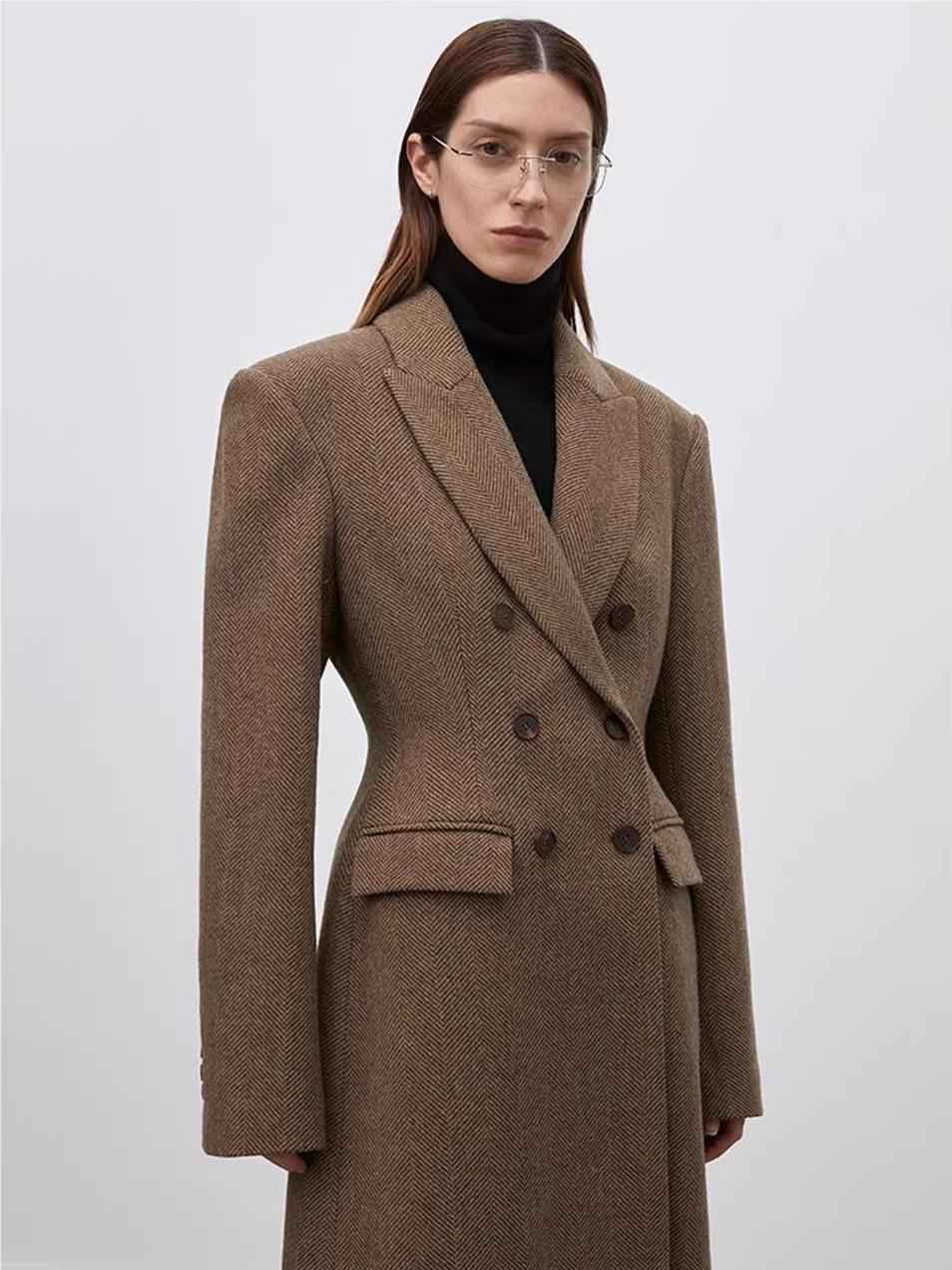 THE ARTM Women's Wool Herringbone Double - Breasted Blazer with Structured Shoulders - variant_title