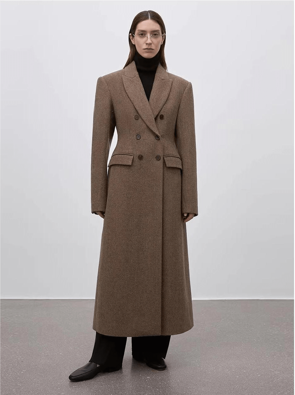 THE ARTM Women's Wool Herringbone Double-Breasted Blazer with Structured Shoulders