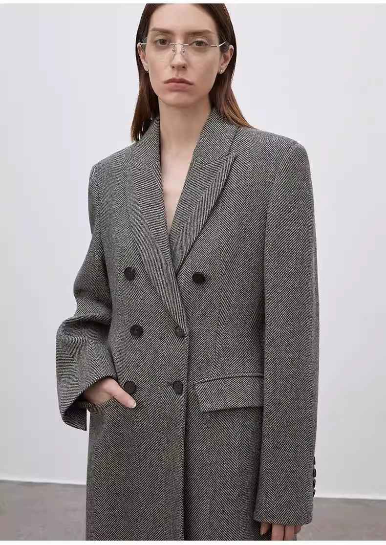 THE ARTM Women's Wool Herringbone Double - Breasted Blazer with Structured Shoulders - variant_title