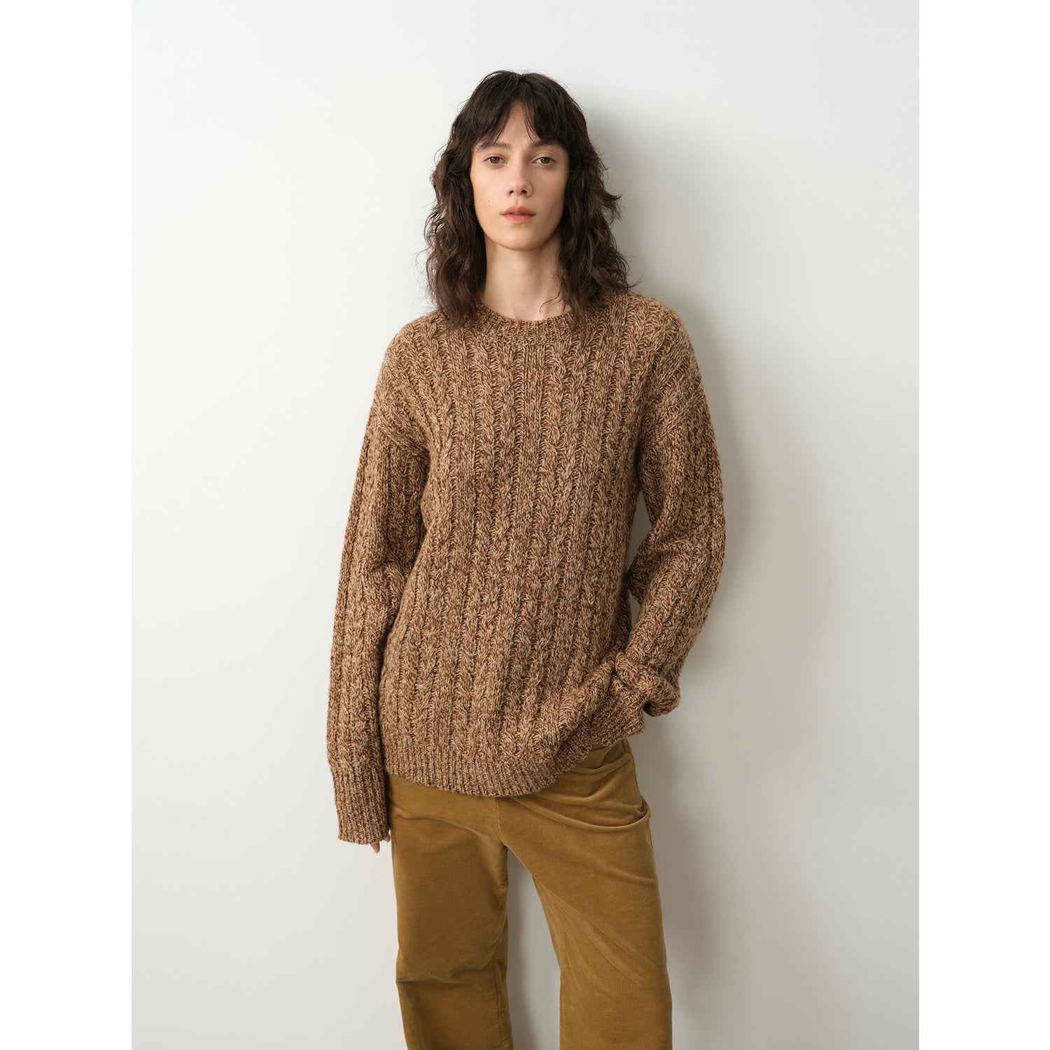 "Thousand Islands Forest Club" Cable - cut Round Neck Wool Blend Slightly Wide Shoulder Sweater - variant_title