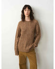 "Thousand Islands Forest Club" Cable - cut Round Neck Wool Blend Slightly Wide Shoulder Sweater - variant_title